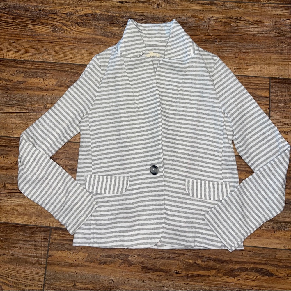 White and gray striped button up blazer